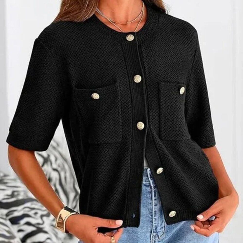 Pretty Garden Textured Black Cardigan Sweater Women M